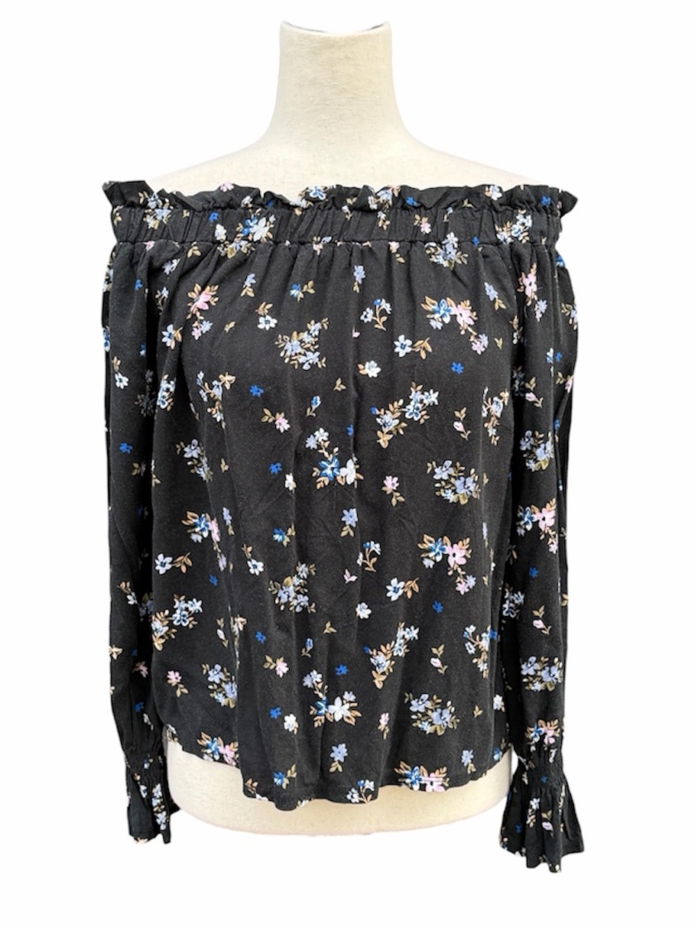 Love More Black Off-Shoulder Floral Peasant Tunic ruffle sleeves blue, pink S